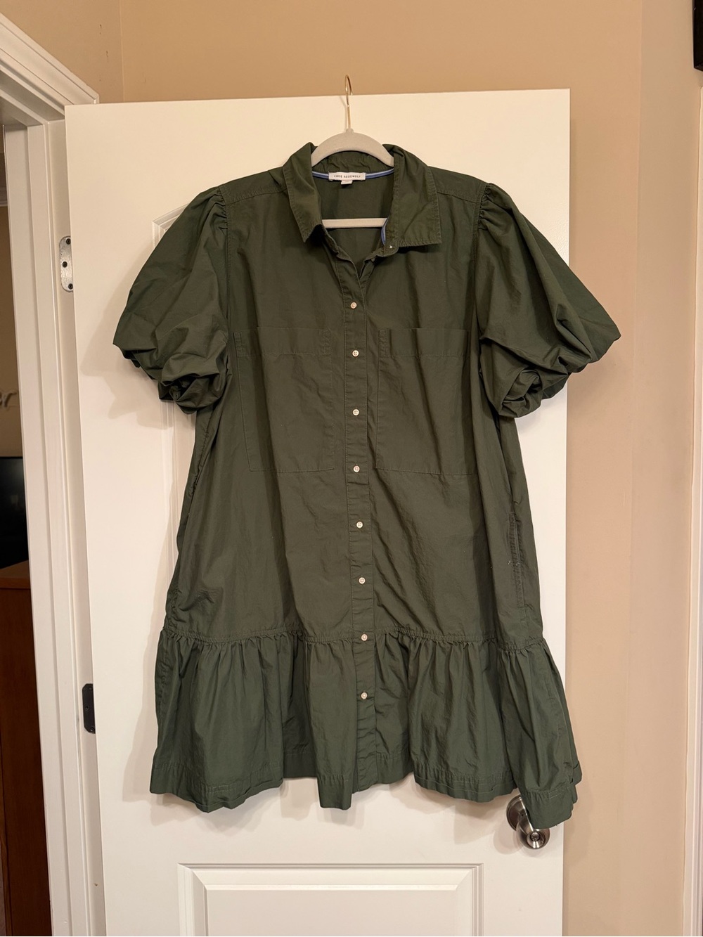 Olive Green Puff-Sleeve Mini Shirt Dress